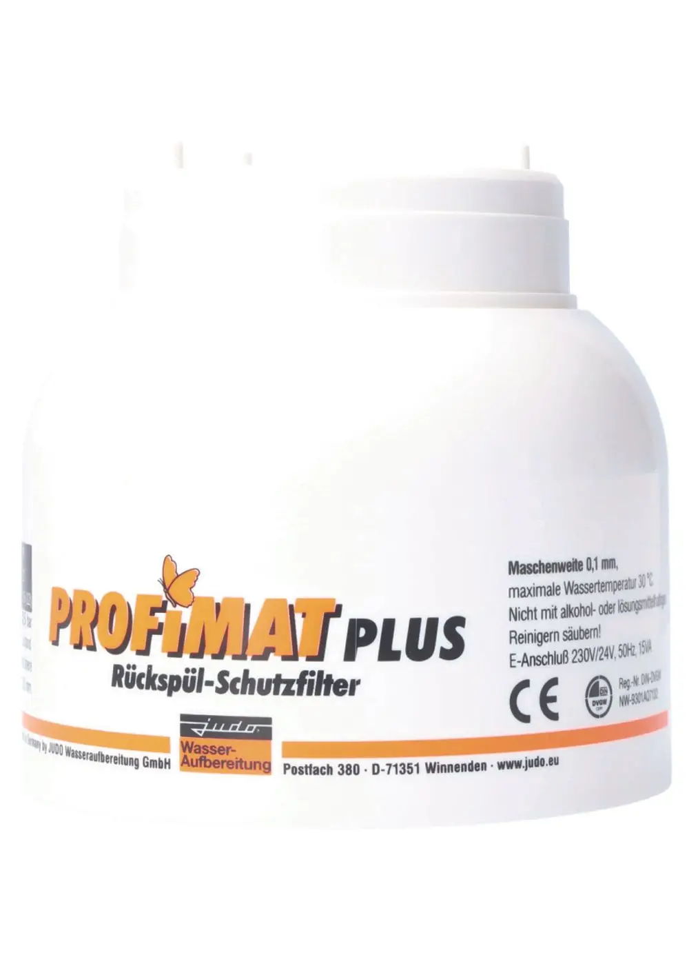 Weißer Wasserfilter von Judo mit Aufdruck, der maximale Wassertemperatur und empfohlene Reinigungshinweise enthält. Anleitung zur Nutzung ist nicht sichtbar.